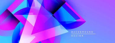 Soyut geometrik şekiller örtüşüyor, canlı mor ve mavi renkler yaratıyor. Arka plan modern tasarım elementlerini, dinamik bileşimi öneriyor.