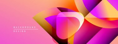 Soyut geometrik şekiller örtüşüyor, canlı pembe, mor, turuncu gradyanlar yaratıyor. Modern tasarım elementleri akıcılık ve dinamizmi önerir.