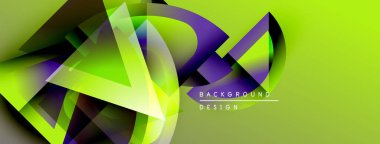 Soyut geometrik şekiller örtüşüyor, dinamik yeşil ve mor renkler yaratıyor. Modern tasarım elementleri yenilik ve enerji öneriyor.