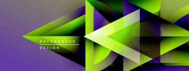 Soyut geometrik şekiller canlı mor, yeşil renkleri harmanlarlar. Dinamik kompozisyon modern arkaplan tasarımı yaratır. Yumuşak gradyanlar görsel ilgi sunar.