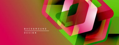Soyut geometrik şekiller örtüşüyor, canlı renk eğimleri yaratıyor. Kırmızı, yeşil, pembe renkler tasarımda baskın. Modern, dinamik kompozisyon.