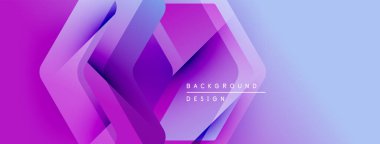 Soyut geometrik katmanlar canlı mor, mavi gradyan oluşturur. Modern tasarım elementleri teknoloji ve yenilik öneriyor. Minimalist estetik.
