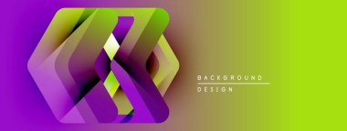 Soyut geometrik katmanlar canlı bir değişim etkisi yaratır. Mor, yeşil renkler tasarıma hakim, modern estetik.