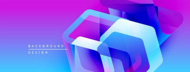 Soyut geometrik şekiller örtüşüyor, canlı mor ve mavi renkler yaratıyor. Modern tasarım elementleri teknoloji ve yenilik öneriyor.