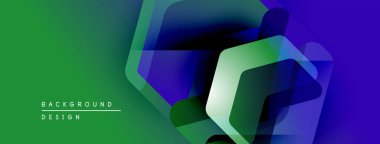 Soyut geometrik şekiller örtüşür ve dinamik bir değişim etkisi yaratır. Yeşil, mavi renkler kompozisyona hakim. Modern tasarım ögesi.