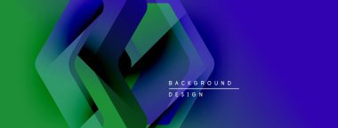 Soyut geometrik şekiller örtüşür, parlak mavi, yeşil eğimler yaratır. Metin arka plan tasarımını beyaz olarak okur. Modern, dinamik görsel kompozisyon.