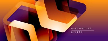 Soyut geometrik şekiller örtüşüyor, canlı turuncu ve mor renkler yaratıyor. Modern tasarım dinamik ve enerjik hissettiriyor. Arkaplan teknoloji ve yenilik öneriyor.