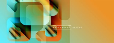 Soyut geometrik şekiller örtüşüyor, canlı renk eğimleri yaratıyor. Sarı, turuncu, deniz mavisi egemen tasarım. Modern estetik.