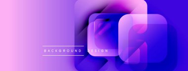 Soyut geometrik şekiller çakışıyor. Mor, mavi gradyanlar modern arkaplan tasarımı yaratır. Metin arka plan tasarımı okur. Minimalist estetik.