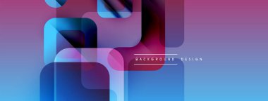 Soyut geometrik şekiller örtüşüyor, canlı mor ve mavi renkler yaratıyor. Modern tasarım elementleri teknoloji ve yenilik öneriyor.