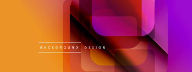 Soyut geometrik şekiller örtüşüyor, canlı turuncu ve mor renkler yaratıyor. Metin, arkaplan tasarımının merkezde konumlandığını okuyor. Modern, dinamik görsel.