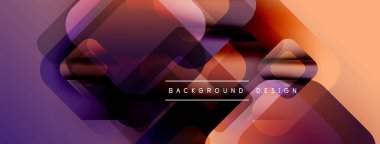Soyut geometrik şekiller örtüşür, canlı bir değişim etkisi yaratır. Mor, turuncu renkler kompozisyona hakim. Modern tasarım ögesi.