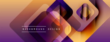 Soyut geometrik şekiller örtüşür, canlı bir gradyan arkaplan oluşturur. Mor, turuncu renkler tasarımda baskın, modern estetik..