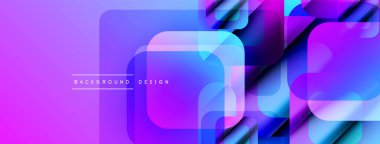 Soyut geometrik desen. Canlı mor, mavi renkler harmanlanmış. Üst üste binen kareler modern görsel efektler yaratır. Minimalist tasarım.