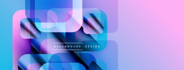 Soyut geometrik şekiller örtüşür, parlak mavi, mor ve pembe renkler yaratır. Arkaplan ve sunumlar için modern tasarım ögesi.