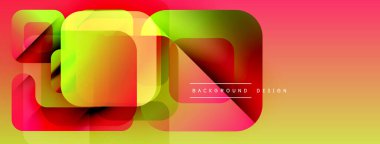 Soyut geometrik şekiller örtüşüyor, canlı renk eğimleri yaratıyor. Tasarım sıcak tonlara sahiptir, sarı, kırmızı, yeşil renkler. Modern estetik.