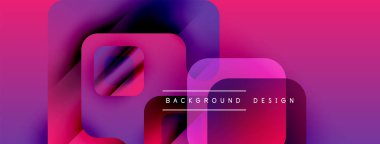 Soyut geometrik şekiller çakışıyor. Canlı pembeler, morlar modern pankart tasarımı yaratır. Metin arkaplan tasarımı okur.