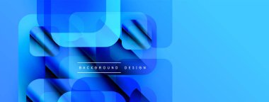 Soyut mavi tasarım özellikleri üst üste binen yuvarlak kareler. Gradyan gölgeler derinlik yaratır, modern estetik. Metin arkaplan tasarımı okur.