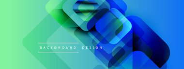 Soyut geometrik şekiller örtüşür, canlı gradyanlar yaratır. Mavi, yeşil renkler tasarıma egemen, modern estetik.