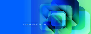 Soyut geometrik şekiller örtüşür, parlak mavi, yeşil eğimler yaratır. Modern tasarım elementleri teknoloji ve yenilik öneriyor.