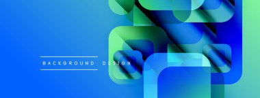 Soyut geometrik şekiller örtüşüyor, canlı mavi, yeşil bir eğim yaratıyor. Modern tasarım elementleri teknoloji ve yenilik öneriyor.