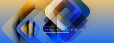 Soyut geometrik şekiller örtüşüyor, parlak mavi, turuncu bir eğim yaratıyor. Metin, arkaplan tasarımının merkezde konumlandığını okuyor. Modern estetik.