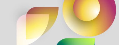 Soyut şekiller örtüşüyor, canlı renk değişimleri yaratıyor. Sarılar, kırmızılar, yeşiller yumuşak gri arka plana karışıyor. Modern tasarım elemanları.