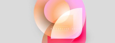 Soyut şekiller örtüşür, yumuşak eğimler yaratır. Pembe, turuncu, bej renkler açık gri arkaplana hakim. Minimalist tasarım.