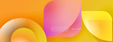 Soyut şekiller örtüşüyor, canlı bir gradyan arkaplan oluşturuyor. Turuncu, sarı, pembe renkler tasarımda baskın. Minimalist estetik.