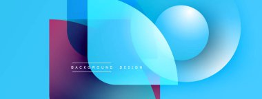 Soyut geometrik şekiller örtüşerek canlı mavi gradyan arkaplan oluşturur. Modern tasarım elementleri teknoloji ve yenilik öneriyor.