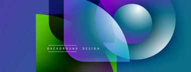 Soyut geometrik şekiller örtüşür, parlak mavi, yeşil ve mor renkler yaratır. Modern tasarım elementleri teknoloji ve yenilik öneriyor.