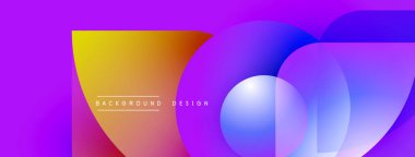 Canlı, soyut bir arkaplan. Üst üste binen şekiller dinamik değişim etkisi yaratır. Modern tasarım elementleri, mor, mavi, sarı renkler sunar.