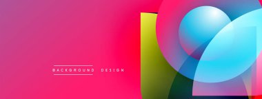 Soyut canlı tasarım, üst üste binen renkli şekiller. Pembe gradyan arka planda baskın, mavi, sarı aksanlı. Metin arkaplan tasarımı okur.