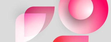 Soyut tasarım özellikleri üst üste gelen pembe şekiller, dinamik görsel efektler yaratır. Açık gri arkaplan karşıtlık sağlar. Minimalist kompozisyon.