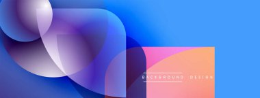 Soyut sıvı şekilleri örtüşür, parlak mavi, mor ve turuncu renkler yaratır. Arkaplan, pankart ve sunumlar için modern tasarım ögesi.