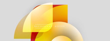 Soyut şekiller üst üste biniyor, dinamik sarı, kırmızı renkler yaratıyor. Açık gri arkaplan temiz karşıtlık sağlar. Modern tasarım ögesi.