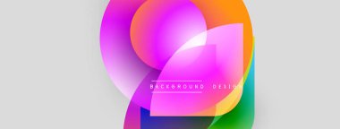 Soyut renkli şekiller çakışıyor. Canlı gradyanlar modern tasarım yaratır. Arkaplanda metin arkaplan tasarımı var. Yumuşak geçişler, dinamik kompozisyon.