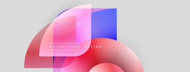 Soyut şekiller örtüşür, canlı bir değişim etkisi yaratır. Pembe, mavi renkler nötr arkaplana hakim. Modern tasarım ögesi.