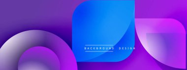 Soyut gradyan şekiller çakışıyor. Mor, mavi renkler tasarımda baskın. Minimalist metin arka plan tasarımı okur. Modern estetik.