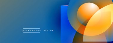Soyut arkaplan parlak mavi gradyan, üst üste binen turuncu daireler, geometrik şekiller içerir. Modern tasarım elementleri dinamik görsel etki yaratır.