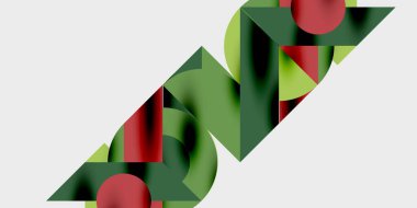 Soyut geometrik şekiller, yeşil, kırmızı küreler. Minimalist tasarım, temiz çizgiler, modern estetik. Basit kompozisyon, koyu arkaplan.