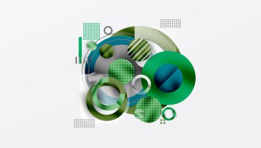 Soyut tasarım özellikleri üst üste binen daireler, kareler, çizgiler. Yeşil renkler kompozisyona hakim, modern estetik yaratıyor..