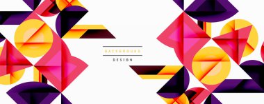 Soyut geometrik şekiller, canlı renkler, modern tasarım. Arka planda üst üste binen üçgenler, kareler, daireler var. Kalın görsel bileşim.