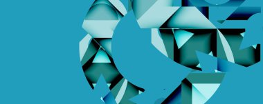 Soyut geometrik şekiller, gök mavisi renkleri kompozisyona hakim. Parçalanmış çember derinlik ve modern tasarım estetiğini öneriyor..