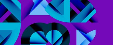 Soyut geometrik şekiller, canlı maviler, mor arkaplan. Modern tasarım, dinamik kompozisyon, temiz çizgiler, dijital sanat.