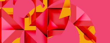 Soyut geometrik tasarım. Kalın kırmızılar, portakallar kontrastlı pembe arka plan. Şekiller üst üste binerek dinamik görsel doku oluşturur.