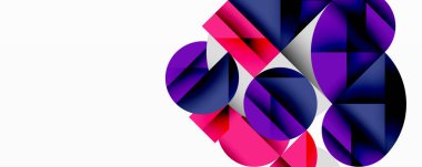 Soyut geometrik şekiller, canlı renkler, mor, pembe, mavi. Modern tasarım, temiz çizgiler, dijital çizimler, minimalist estetik.