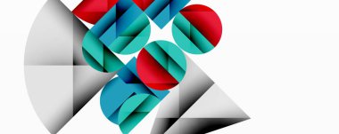 Soyut geometrik bileşim. Çemberler, kareler, üçgenler kesişiyor. Kırmızı, deniz mavisi, beyaz baskın tasarım. Minimalist, modern estetik.