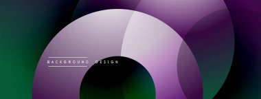 Soyut tasarım özellikleri üst üste binen daireler, gradyanlar. Mor, yeşil renkler kompozisyona hakim. Minimalist metin arka plan tasarımı okur. Modern estetik.