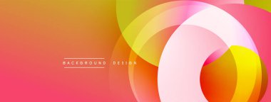 Soyut renkli arkaplan. Üst üste binen daireler dinamik görsel efekt yaratır. Renkler turuncudan pembeye dönüşüyor. Modern tasarım ögesi.